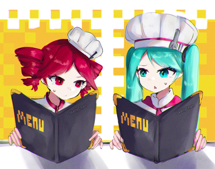 2girls :&lt; blue_eyes blue_hair commentary commentary_request drill_hair english_commentary fork hatsune_miku highres holding holding_menu kasane_teto long_hair looking_at_another looking_to_the_side menu mixed-language_commentary multiple_girls obsolete_meat_(vocaloid) open_mouth pink_eyes pink_hair skellychan twin_drills twintails utau vocaloid