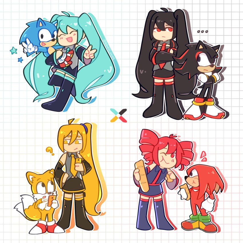 4boys 4girls ? absurdres aqua_hair baguette bread commentary crossover detached_sleeves english_commentary food full_body hatsune_miku highres kasane_teto knuckles_the_echidna long_hair multiple_boys multiple_girls necktie open_mouth paranoid_ghosts shadow_the_hedgehog skirt smile sonic_(series) sonic_the_hedgehog tails_(sonic) triple_baka_(vocaloid) twintails utau v very_long_hair vocaloid zatsune_miku