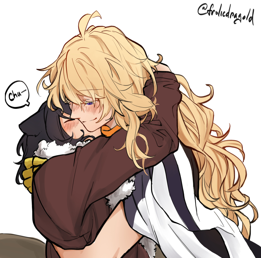 2girls animal_ears arms_around_neck black_hair blake_belladonna blonde_hair blush brown_jacket cat_ears closed_eyes closed_mouth commentary english_commentary frolicdragold fur-trimmed_jacket fur_trim highres hug jacket kiss kissing_cheek long_hair long_sleeves mechanical_arms multiple_girls purple_eyes rwby simple_background single_mechanical_arm smile twitter_username upper_body white_background white_jacket yang_xiao_long yuri