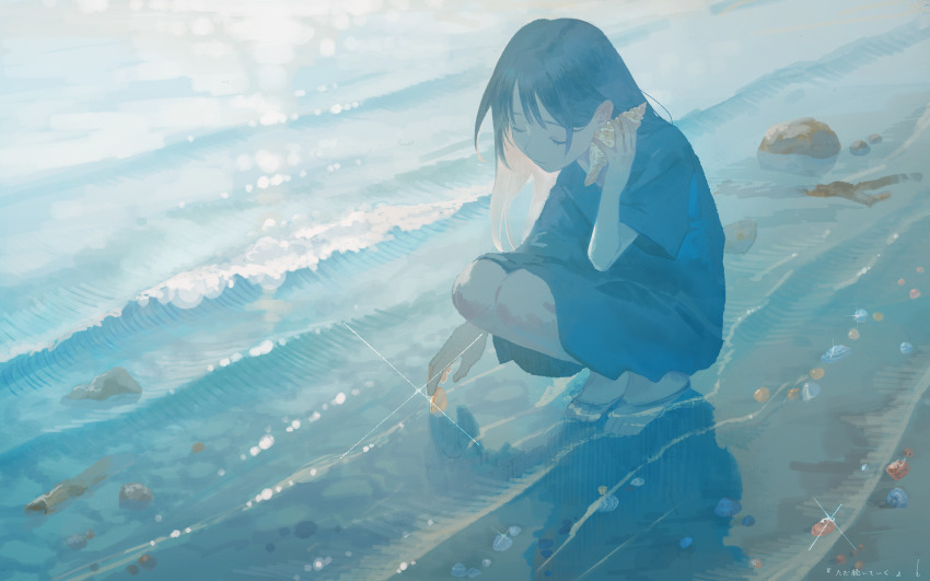 1girl absurdres backlighting beach bloom closed_eyes commentary_request conch dress hair_behind_ear highres holding holding_shell long_hair ocean original rock sandals seashell shadow shell shell_to_ear smile solo sparkle squatting sunlight toes water waves yoru_410