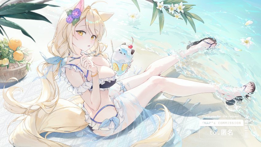 1girl absurdres animal_ears bikini blonde_hair breasts cat_ears chap_sal_! cherry commission eating flower food frills fruit hair_flower hair_ornament highres holding holding_spoon indie_virtual_youtuber large_breasts layered_bikini lemon lemon_slice long_hair no_socks pixiv_commission sandals shaved_ice shippo_(vtuber) spoon swimsuit tail very_long_hair water watermark yuru-chara