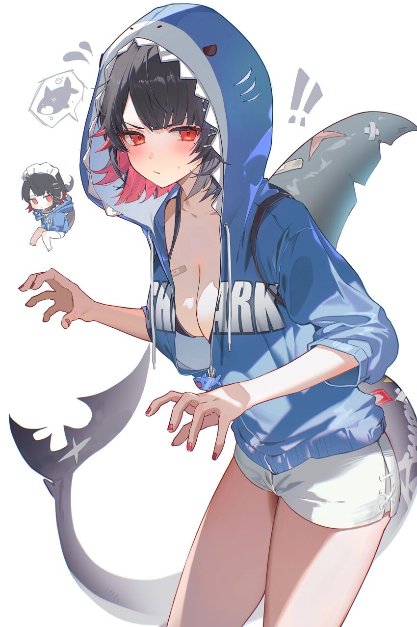 1girl absurdres animal_hood black_hair blue_hoodie blush breasts cleavage closed_mouth colored_inner_hair cowboy_shot ellen_joe fingernails fins fish_tail highres hisiya_(wldn1112) hood hoodie large_breasts looking_at_viewer multicolored_hair nail_polish red_eyes red_hair red_nails shark_hood shark_tail short_hair shorts sidelocks simple_background solo standing sweatdrop tail white_background white_shorts zenless_zone_zero