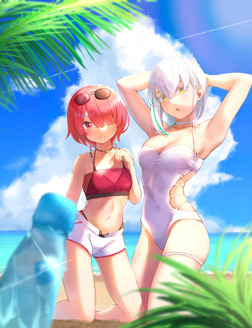 2girls absurdres armpits arms_behind_head bandeau beach bikini_under_shorts black_choker breasts choker closed_mouth cloud commentary covered_navel eyewear_on_head hair_between_eyes hair_over_one_eye highres kneeling m.tokotsu medium_breasts medium_hair multiple_girls navel one-piece_swimsuit open_mouth outdoors palm_leaf pink_hair presenting_armpit ram_(re:zero) ramune re:zero_kara_hajimeru_isekai_seikatsu re:zero_kara_hajimeru_isekai_seikatsu:_lost_in_memories red_bandeau sand short_hair short_shorts shorts sky small_breasts smile sunglasses swimsuit white_choker white_hair white_one-piece_swimsuit white_shorts yellow_eyes zarestia_(re:zero)