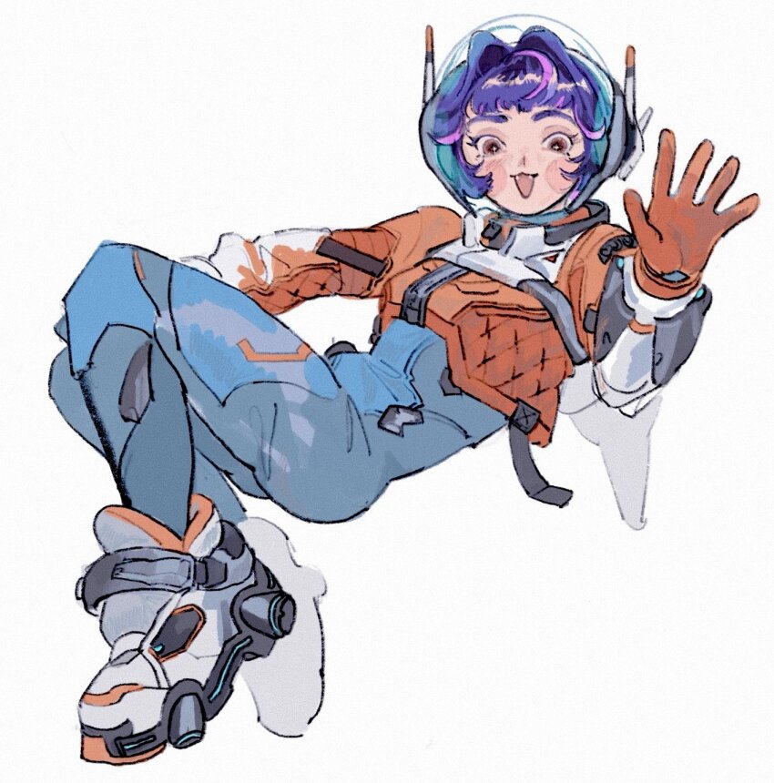 1girl blue_bodysuit bodysuit full_body gloves helmet highres juno_(overwatch) looking_at_viewer multicolored_hair na_(ajinori_oisiina) open_mouth orange_gloves overwatch overwatch_2 purple_hair red_eyes short_hair simple_background solo waving white_background