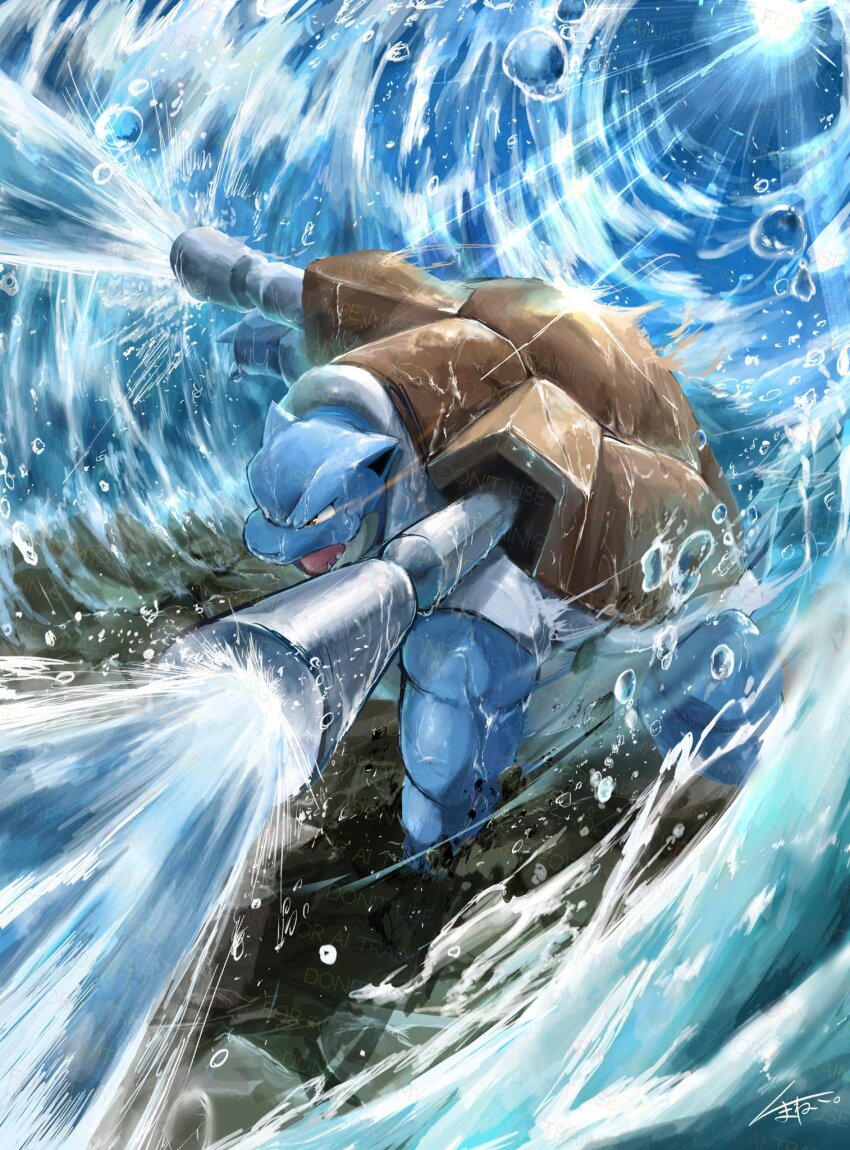 blastoise creatures_(company) ekaki_panda full_body game_freak gen_1_pokemon highres nintendo no_humans pokemon pokemon_(creature) shoulder_cannon solo standing sunlight turtle water