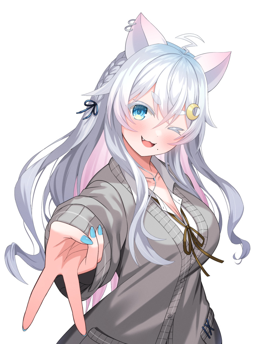 1girl ahoge animal_ears bettle_(b_s_a_n) blue_nails braid breasts cat_ears cleavage colored_inner_hair crescent crescent_hair_ornament ear_piercing gradient_hair grey_hair gyaru_v hair_between_eyes hair_ornament highres jewelry large_breasts long_sleeves multicolored_hair necklace nekono_yukino one_eye_closed piercing pink_hair pocket re:act solo standing thick_eyebrows v virtual_youtuber white_background