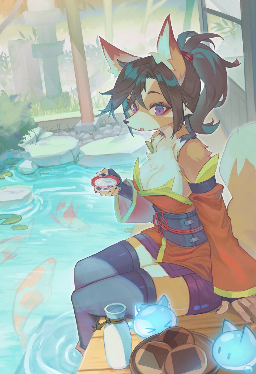 1girl :o absurdres animal_ears animal_nose arm_at_side bare_shoulders black_hair black_skirt black_thighhighs breasts brown_fur cleavage creature eyeshadow fox_ears fox_girl fox_tail from_side furry furry_female gilmang hand_on_ground hand_up highres holding legs_together long_hair long_sleeves looking_to_the_side makeup medium_breasts miniskirt original outdoors ponytail purple_eyes red_eyeshadow red_shirt red_sleeves shirt sitting skirt sleeveless sleeveless_shirt soaking_feet solo tail thighhighs water white_fur