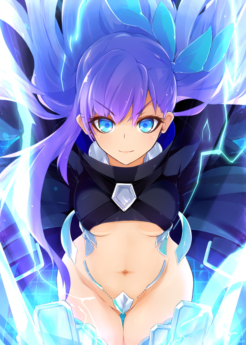 1girl ashita_wa_hitsuji blue_eyes breasts commentary_request crotch_plate eyelashes fate/extra fate/extra_ccc fate_(series) hair_ornament hair_ribbon happy highres long_hair looking_at_viewer meltryllis_(fate) navel purple_hair ribbon smile solo underboob