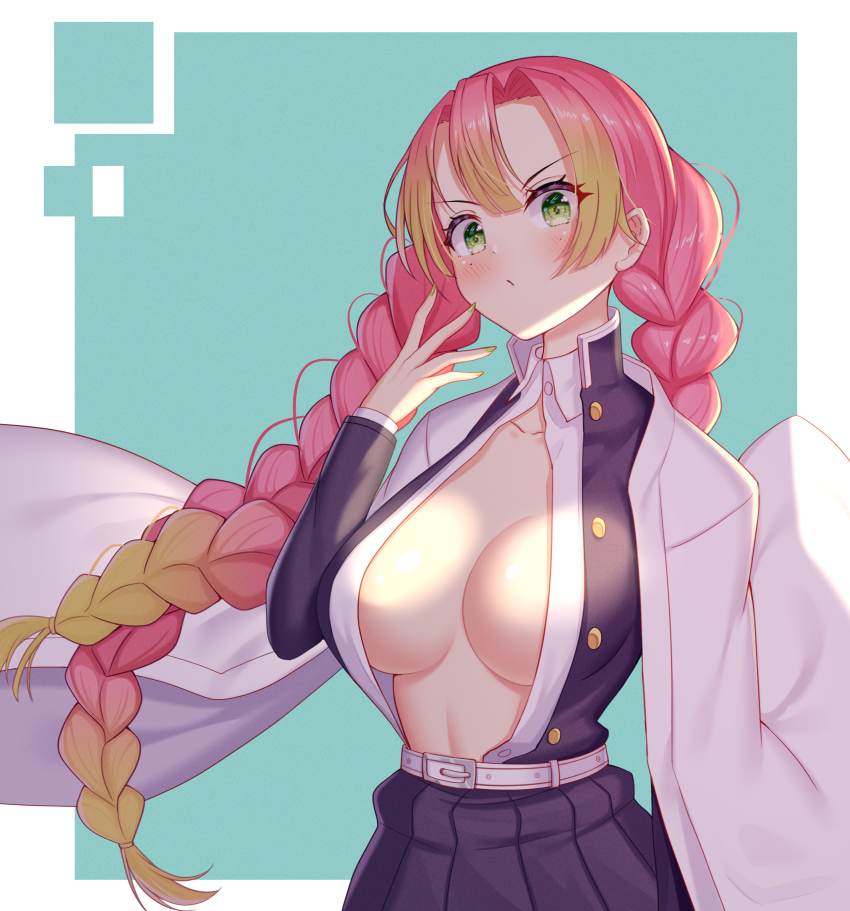 1girl absurdres belt black_skirt blush border braid breasts commentary flower gradient_hair green_background green_eyes green_hair hair_between_eyes hand_up highres kanroji_mitsuri kensei_(ciid) kimetsu_no_yaiba large_breasts long_hair long_sleeves multicolored_hair open_clothes open_shirt outside_border pink_hair pleated_skirt rose skirt solo standing twin_braids unbuttoned unbuttoned_shirt upper_body very_long_hair white_belt white_border white_flower white_rose