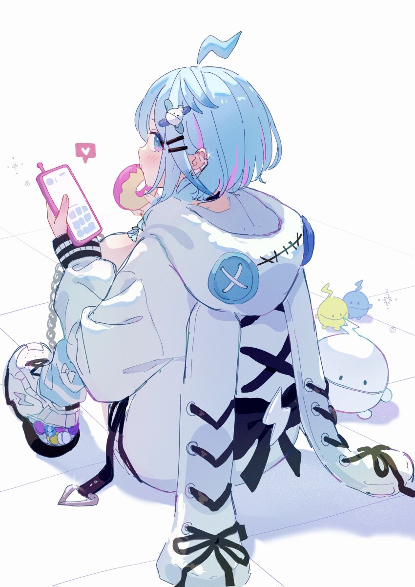 1girl absurdres ahoge blue_eyes blue_hair cellphone donut food from_behind highres holding holding_phone hololive hololive_dev_is hood hoodie mei_am0 mizumiya_su phone shoes sitting smartphone sneakers virtual_youtuber white_hoodie