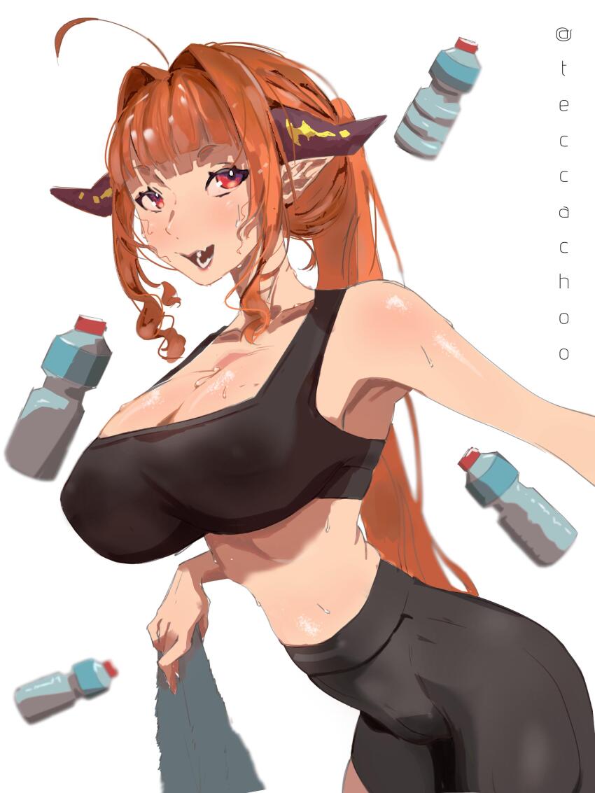 1girl absurdres ahoge artist_name bottle breasts cleavage commentary covered_erect_nipples curly_sidelocks dragon_girl dragon_horns english_commentary floating floating_object hair_intakes highres holding holding_towel hololive horns kiryu_coco large_breasts long_hair looking_to_the_side messy_hair open_mouth orange_hair pointy_ears ponytail red_eyes shiny_skin sidelocks simple_background solo sports_bra stomach sweat sweat_stain teccachoo towel very_long_hair virtual_youtuber water_bottle white_background workout_clothes