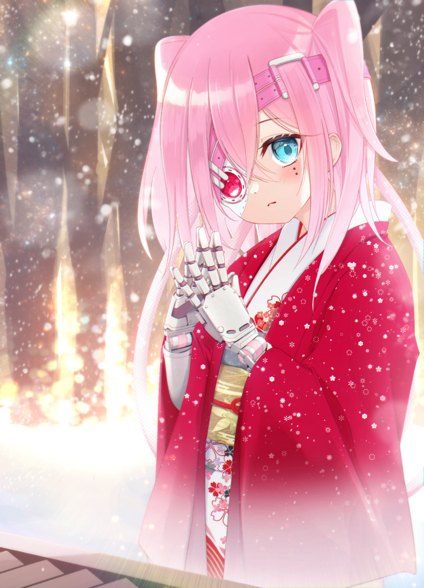 1girl android blue_eyes blush closed_mouth commentary_request hair_between_eyes highres hot_kakigoori japanese_clothes kimono long_hair long_sleeves looking_at_viewer obi open_clothes original pink_hair sash solo steepled_fingers two_side_up very_long_hair white_kimono wide_sleeves