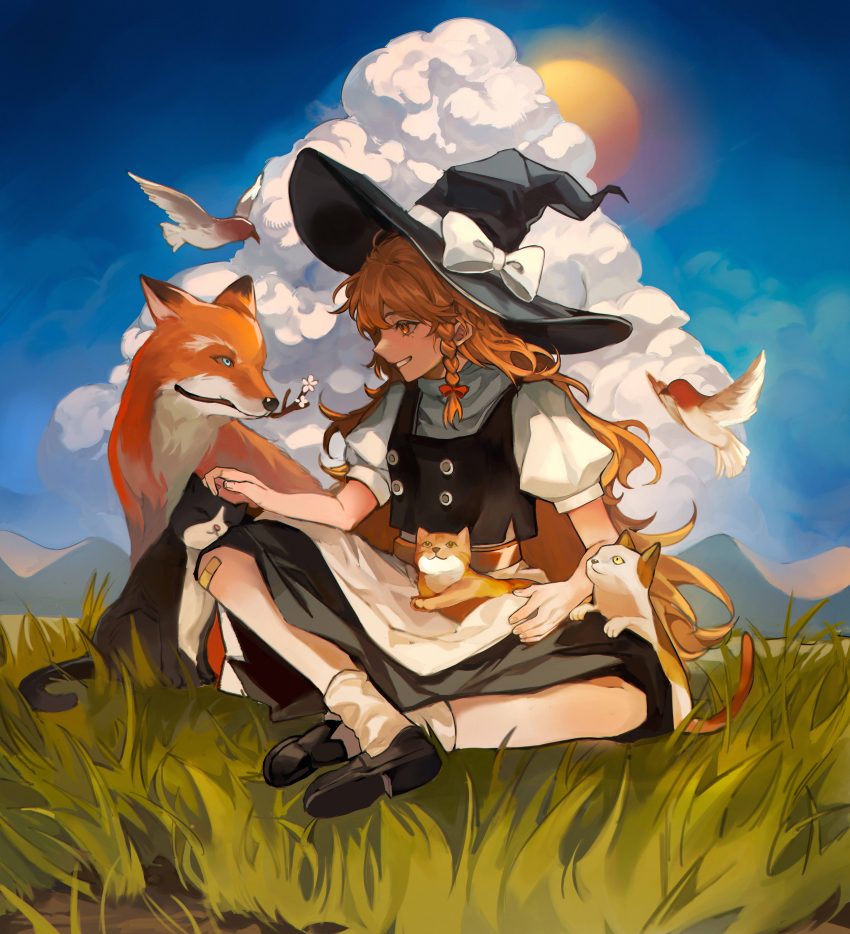 1girl absurdres apron bad_id bad_pixiv_id bandaid bandaid_on_knee bandaid_on_leg bird black_footwear black_hat black_skirt black_vest blonde_hair bow braid branch cat cloud commentary cumulonimbus_cloud day fingernails fox full_body grass hair_bow hat hat_bow highres kirisame_marisa long_hair looking_at_animal mole mole_under_eye mountainous_horizon outdoors parted_lips petting profile puffy_short_sleeves puffy_sleeves red_bow shirt shoes short_sleeves single_braid sitting skirt skirt_set sky smile socks solo sun tokinhr touhou very_long_hair vest waist_apron white_apron white_bow white_shirt white_socks witch_hat yellow_eyes