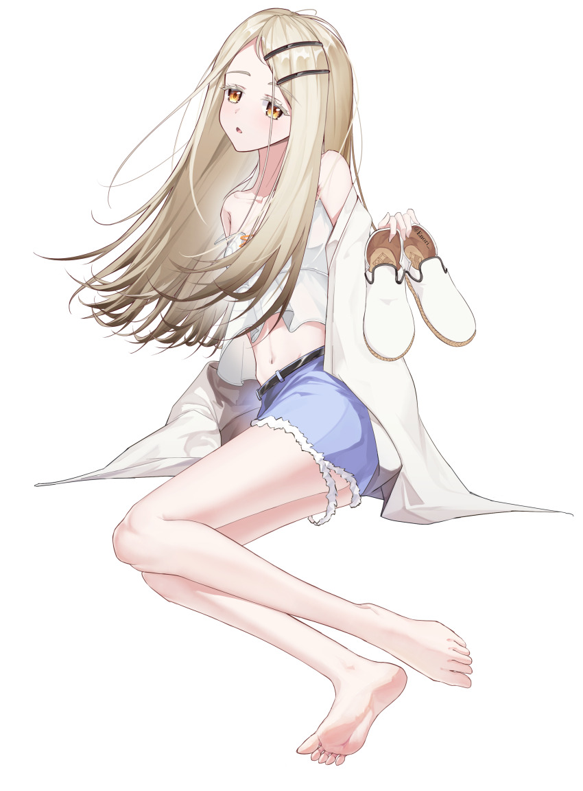 1girl absurdres barefoot blonde_hair enori feet gakuen_idolmaster hair_ornament hairclip highres holding holding_shoes idolmaster long_hair looking_at_viewer open_mouth shinosawa_hiro shoes soles toes unworn_shoes yellow_eyes