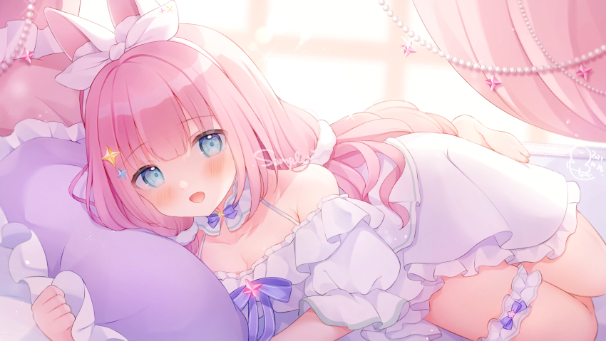 1girl animal_ears ayase_ririco blue_eyes blush dress highres indie_virtual_youtuber long_hair looking_at_viewer lying omochi_monaka on_side pale_skin pink_hair rabbit_ears rabbit_girl solo virtual_youtuber