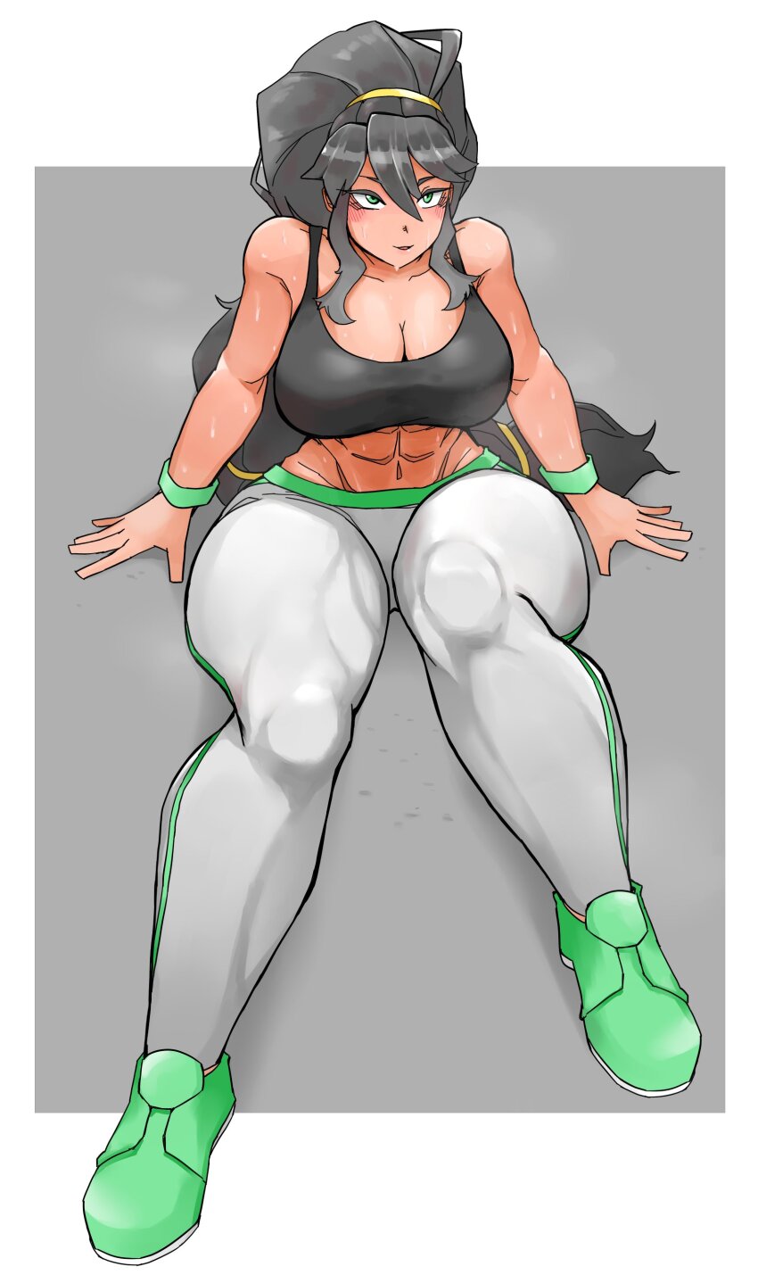 1girl abs absurdres bamman black_hair blush breasts cleavage commentary commission english_commentary green_eyes highres knees_up large_breasts letterboxed looking_up midriff muscular muscular_female original ponytail simple_background sitting solo sports_bra sportswear sweat wrist_cuffs