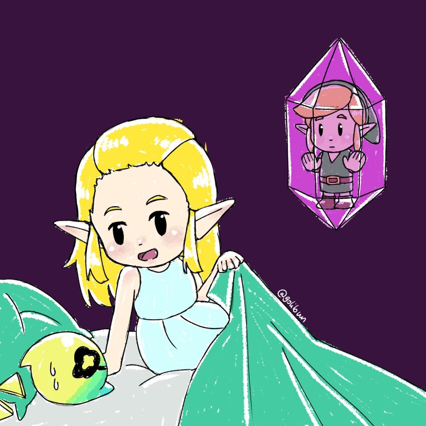 1boy 1girl 1other bed belt blanket blonde_hair blush boots crystal hat highres link long_hair looking_at_another nintendo open_mouth pajamas pillow pointy_ears princess_zelda purple_background smile sweatdrop the_legend_of_zelda the_legend_of_zelda:_echoes_of_wisdom trapped tri_(zelda) tunic you_gonna_get_raped