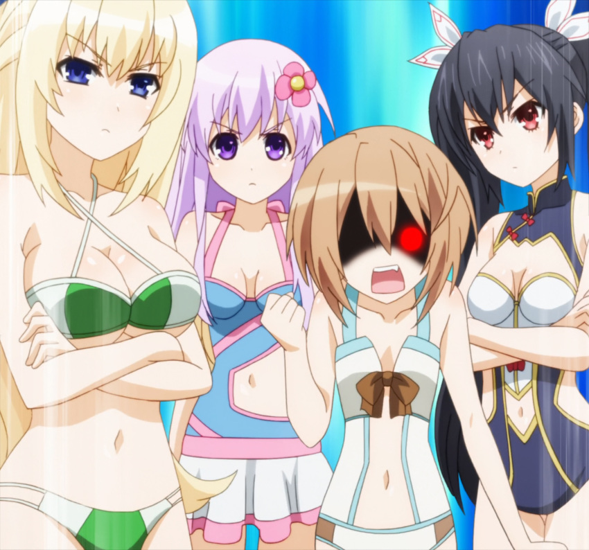 4girls angry bikini black_hair blanc blanc_(neptunia) blonde_hair blue_eyes breasts brown_hair choujigen_game_neptune choujigen_game_neptune_the_animation cleavage clenched_hand crossed_arms disgust fang green_bikini height_difference highres large_breasts legs long_hair looking_at_viewer medium_breasts multiple_girls navel nepgear neptune_(series) noire_(neptunia) one_eye_closed open_mouth purple_eyes purple_hair red_eyes shaded_face short_hair small_breasts stitched swimsuit thighs third-party_edit twintails vert vert_(neptunia)