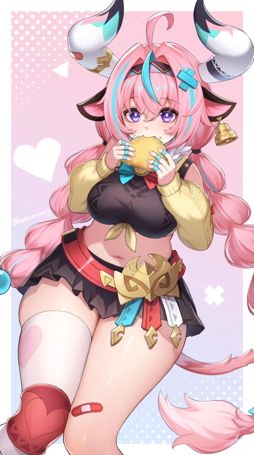 1girl absurdres ahoge animal_ears aqua_hair artist_name bandaid bandaid_on_knee bandaid_on_leg bell bell_earrings border braid breasts commentary cow_ears cow_girl cow_horns cow_tail crop_top cross_hair_ornament detached_sleeves earrings eating fingernails food food_on_face genshin_impact hair_intakes hair_ornament hako_momiji heart highres holding holding_food horns jewelry knees_together_feet_apart large_breasts long_hair low_twin_braids multicolored_hair navel outside_border pink_hair pink_tail purple_eyes solo stomach streaked_hair tail thick_thighs thighhighs thighs twin_braids varesa_(genshin_impact) white_border white_horns white_thighhighs yellow_sleeves