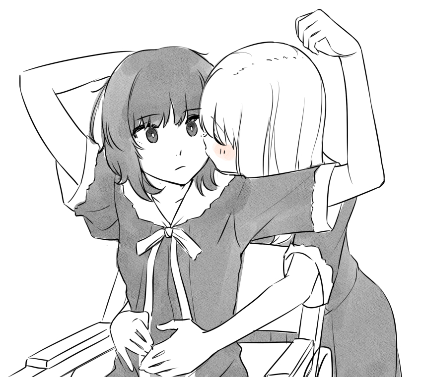 2girls arms_up closed_eyes flowers_(innocent_grey) greyscale highres hug hug_from_behind kiss kissing_cheek light_frown monochrome multiple_girls profile shishima_eichi sitting spot_color takasaki_chidori yaegaki_erika yuri