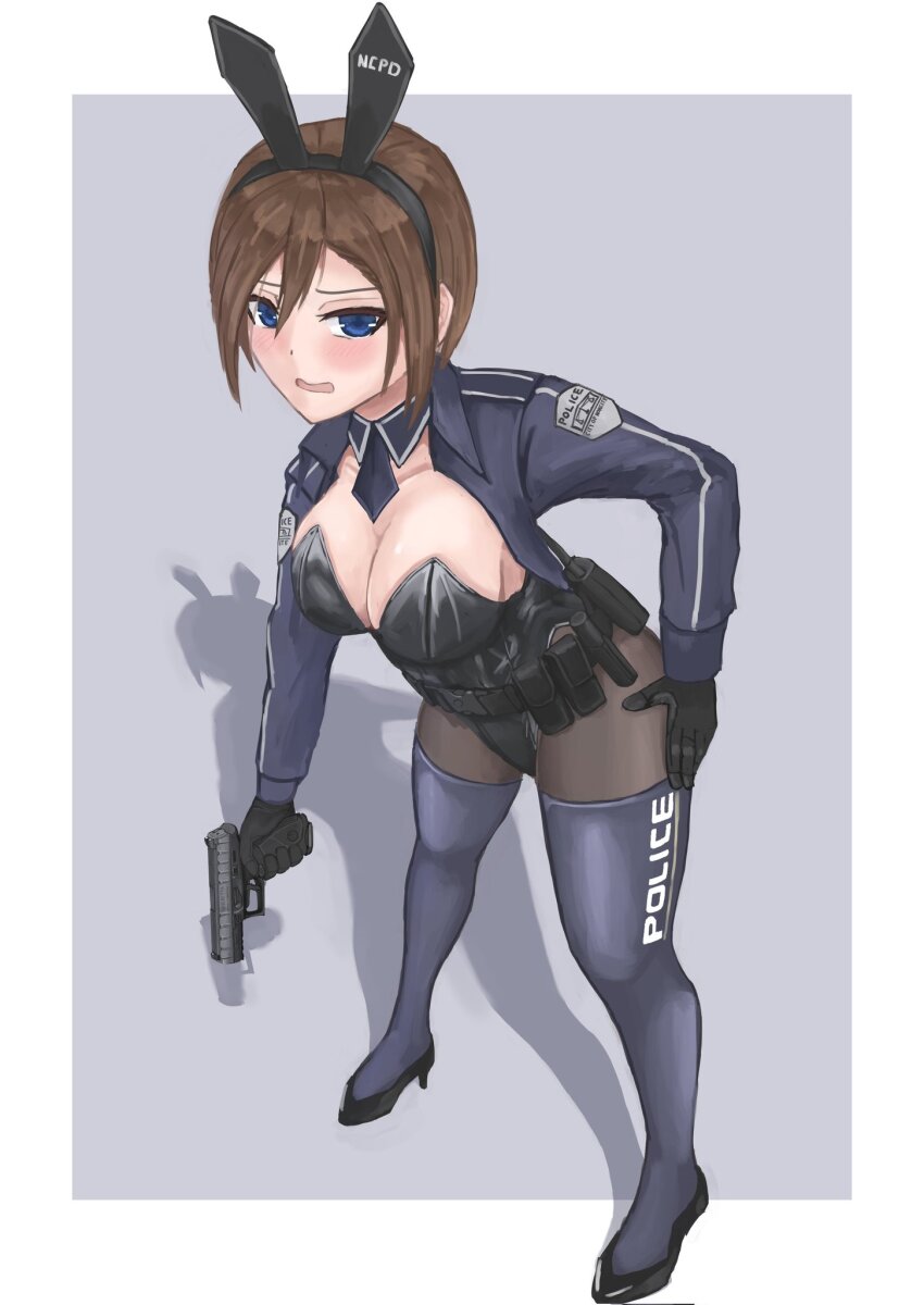 1girl ammunition_pouch animal_ears black_gloves blue_thighhighs brown_eyes brown_hair d-sawa613 fake_animal_ears gloves grey_background gun handgun high_heels highres holding holding_gun holding_weapon leotard looking_at_viewer necktie open_mouth original playboy_bunny police police_uniform pouch radio shadow short_hair thighhighs walkie-talkie weapon