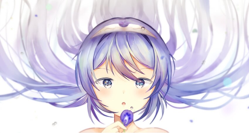 1girl :o blue_eyes blue_hair brand_of_the_exalt commentary english_commentary fire_emblem fire_emblem_awakening floating_hair highres holding holding_petal long_hair looking_at_viewer lucina_(fire_emblem) meorinnn nintendo open_mouth petals solo symbol_in_eye tiara upper_body white_background