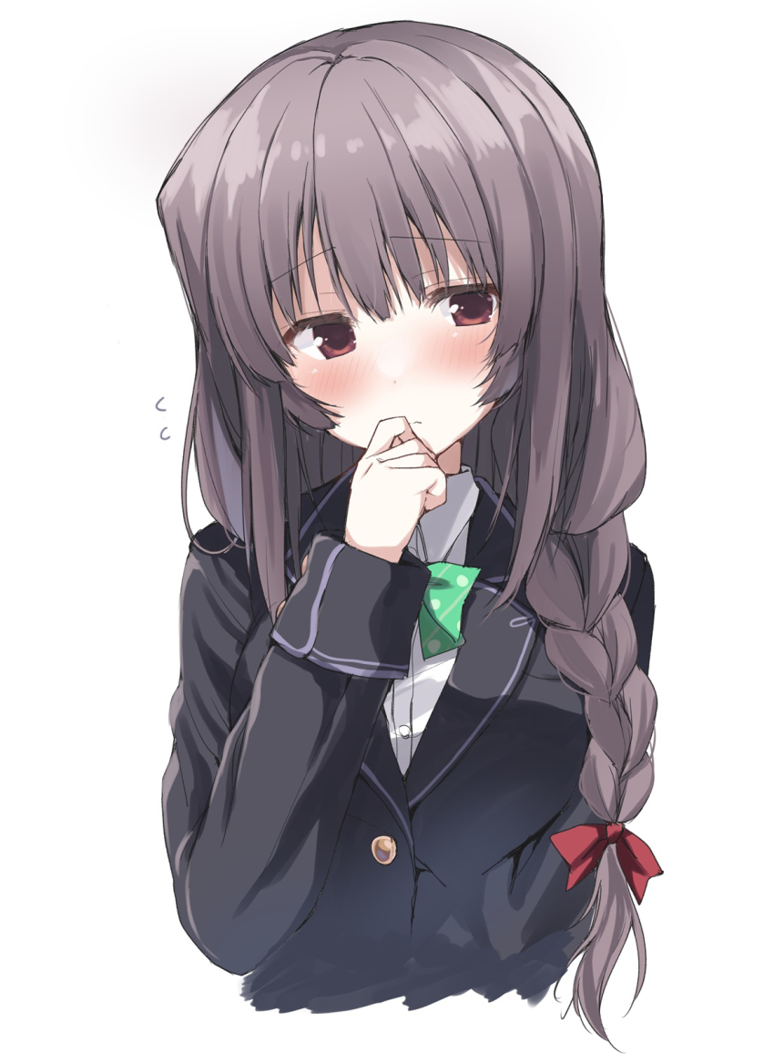 amakano amakano_~second_season~ black_jacket blush bow braid buttons closed_mouth collared_shirt cropped_torso dress_shirt flying_sweatdrops hair_between_eyes hair_bow hand_up highres jacket long_hair long_sleeves looking_at_viewer raised_eyebrows red_bow red_eyes school_uniform shirt shy sidelocks simple_background single_braid straight-on takayashiro_yuzuka takepoison upper_body white_background white_shirt