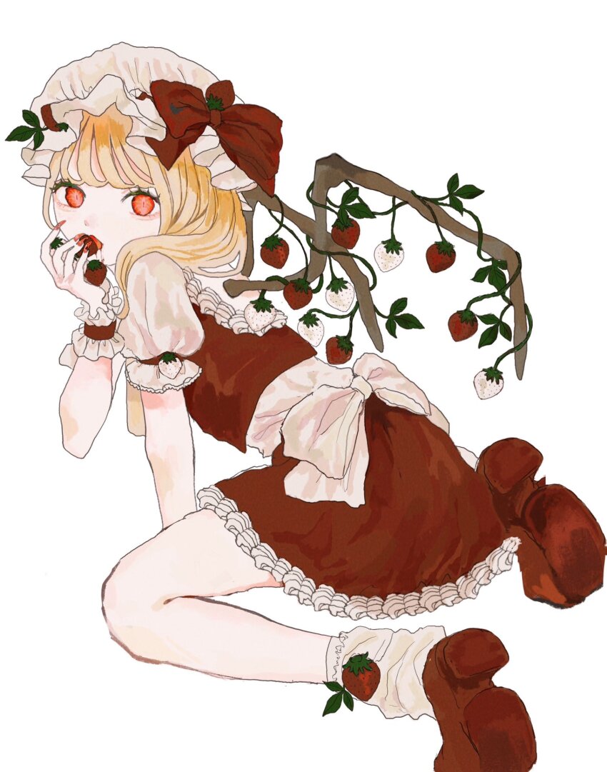 1girl alternate_wings ankle_socks arm_support blonde_hair bow eating flandre_scarlet food frilled_skirt frilled_wrist_cuffs frills from_behind fruit full_body hat hat_bow hat_ribbon highres holding holding_food long_hair looking_at_viewer looking_back loose_socks mob_cap nail_polish plant_wings puffy_sleeves red_bow red_eyes red_footwear red_nails red_ribbon red_skirt red_vest ribbon shirt shiwaiji short_sleeves simple_background skirt socks solo strawberry touhou vest white_background white_bow white_shirt white_socks wings wrist_cuffs