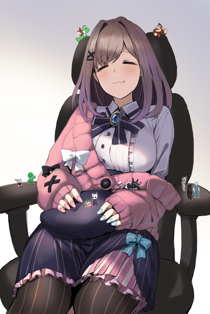 1girl :3 baby_mario beret bloodborne blue_bow blue_nails blush bow brooch brown_hair buttons cardigan chair closed_eyes cowboy_shot crossover cuphead cuphead_(game) donkey_kong donkey_kong_(series) facing_viewer gaming_chair ganesagi hat hat_bow highres hollow_knight hunter_(bloodborne) indoors jewelry kirby kirby_(series) kirby_super_star knight_(hollow_knight) link long_sleeves makaimura mario mario_(series) medium_hair morning multiple_crossover nail_polish nijisanji nintendo off_shoulder office_chair pantyhose pink_cardigan pink_nails purple_skirt rick_(splatterhouse) shirt simple_background sir_arthur_(makaimura) sitting skirt splatterhouse striped_clothes striped_pantyhose striped_skirt super_mario_world_2:_yoshi&#039;s_island suzuhara_lulu suzuhara_lulu_(1st_costume) swivel_chair the_legend_of_zelda the_legend_of_zelda:_link&#039;s_awakening unworn_headwear vertical-striped_clothes vertical-striped_pantyhose vertical-striped_skirt virtual_youtuber white_shirt yoshi