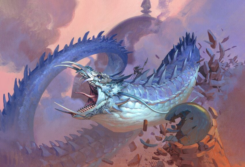 1girl animal_focus blue_scales debris destruction giant giant_monster helmet highres horns jesper_ejsing magic:_the_gathering monster official_art oil_painting_(medium) open_mouth outdoors painting_(medium) riding_dragon sarinth_greatwurm scales sharp_teeth slit_pupils smoke teeth tongue traditional_media wurm_(magic:_the_gathering) wyrm yellow_eyes