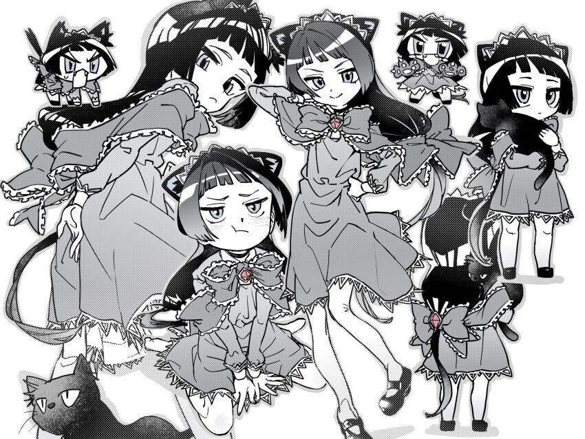 1girl animal animal_ears animal_hands arm_behind_back blunt_bangs blush brooch cat cat_ears chibi chibi_inset dress dress_tug frilled_ribbon frills furrowed_brow gloves greyscale hair_flip hairband highres holding holding_animal holding_cat jewelry large_ribbon long_hair long_sleeves looking_at_viewer looking_back looking_down low-tied_long_hair marimoto_(marimoto_koppe) mary_janes monochrome multiple_views neck_ribbon original paw_gloves pout ribbon shoes simple_background sitting sleeve_cuffs spot_color v_arms wariza