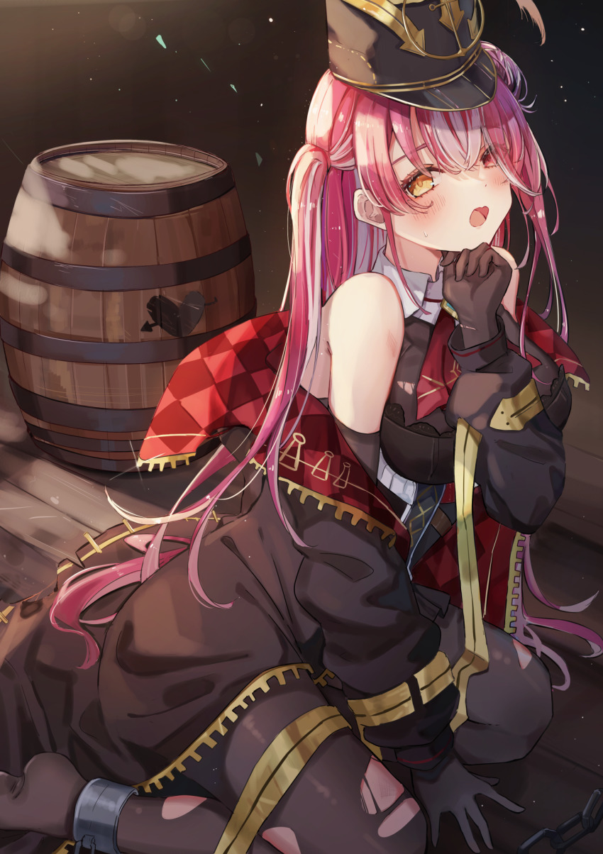 1girl ascot barrel black_gloves black_hat black_jacket black_pantyhose blush breasts chain cleavage cuffs gloves hat hat_feather heterochromia highres hololive houshou_marine houshou_marine_(marching_band) jacket large_breasts long_hair looking_at_viewer miakiuehashi no_shoes open_mouth pantyhose plume red_eyes red_hair see-through_clothes see-through_cleavage shackles shako_cap solo two-sided_fabric very_long_hair virtual_youtuber yellow_eyes