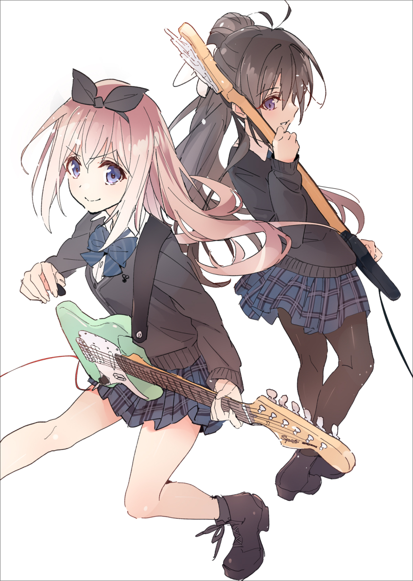 2girls antenna_hair black_cardigan black_footwear black_hairband black_pantyhose blue_bow blue_bowtie blue_eyes blue_skirt bow bow_hairband bowtie breasts brown_hair cardigan closed_mouth collared_shirt electric_guitar floating_hair from_behind guitar hair_between_eyes hairband high_ponytail highres hikawa_ruriwo instrument kawachino_suzuna long_hair looking_at_viewer looking_back motoyon multiple_girls pantyhose parted_lips plaid_clothes plaid_skirt pleated_skirt sakura_no_uta school_uniform shirt simple_background skirt small_breasts smile standing straight_hair v-shaped_eyebrows white_background white_hair white_shirt