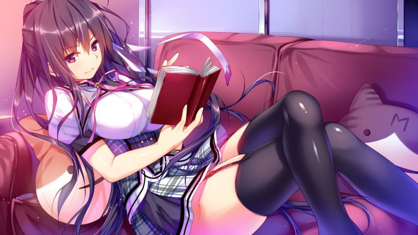 1girl book breasts female_focus game_cg garter_straps kamura_masaki kino_(kino_konomi) kino_konomi konomi_(kino_konomi) large_breasts legs crossed_legs long_hair looking_at_viewer lying open_book pillow ponytail purple_hair reading red_eyes school_uniform shirogane_x_spirits skirt smile solo thighhighs thighs