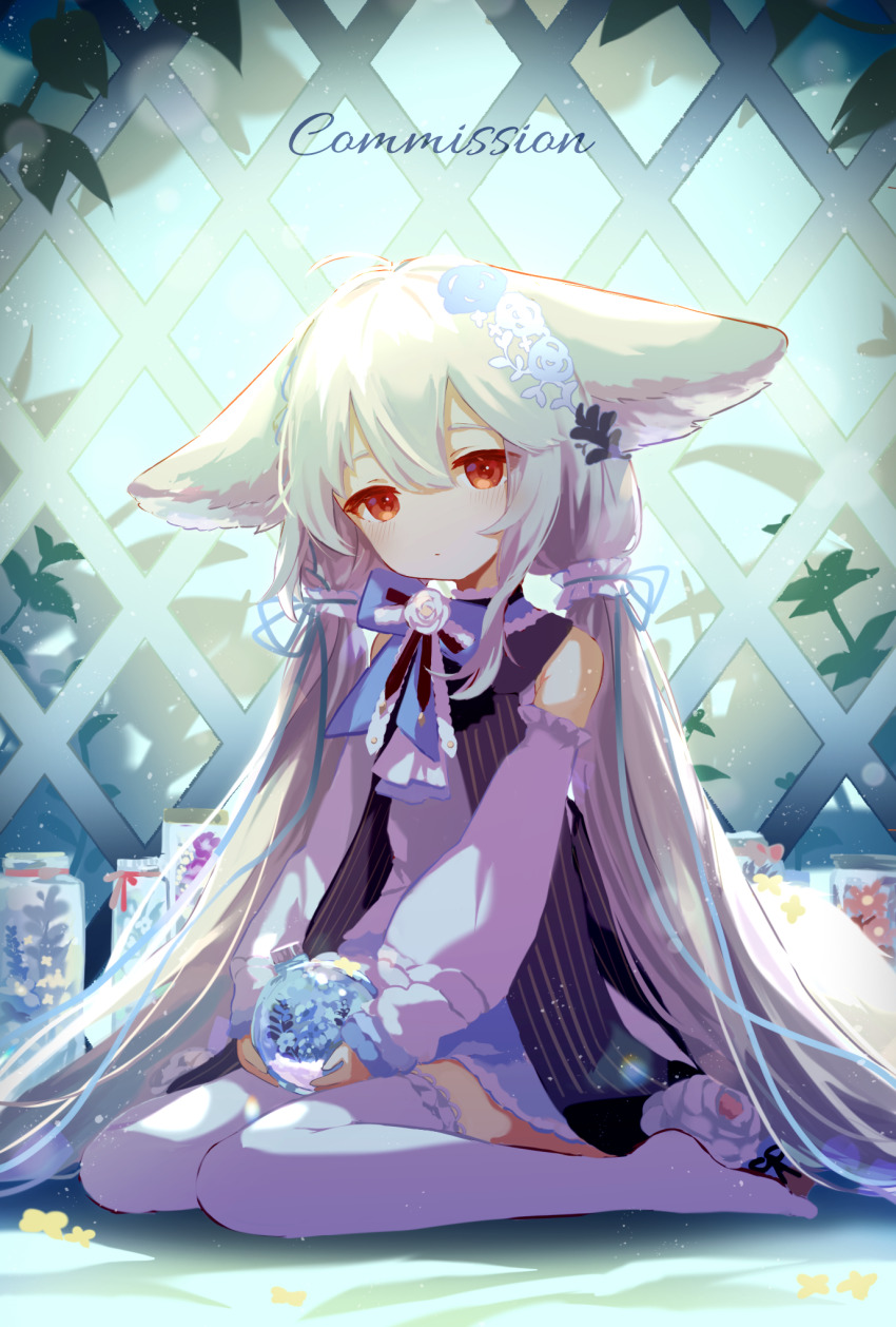 1girl ahoge animal_ear_fluff animal_ears ascot asymmetrical_legwear ball bare_shoulders bell black_sash blue_bow blue_dress blue_ribbon bow bowtie braid child collar collared_dress commission detached_sleeves dress flower fox_ears fox_girl fox_tail frilled_collar frilled_dress frilled_sleeves frills full_body hair_between_eyes hair_ornament hair_scrunchie hands_on_own_legs head_tilt highres holding holding_ball indoors large_ears large_tail layered_dress leaf long_hair long_sleeves looking_at_viewer low_twintails mismatched_legwear no_shoes on_floor original parted_lips plant puffy_long_sleeves puffy_sleeves red_eyes ribbon rose sakurada_shiro_(hy_plus) sakurada_shiro_(original)_(hy_plus) sash scrunchie short_dress side_braid sitting skeb_commission sleeveless sleeveless_dress sleeves_past_wrists solo suzuiro_(chocolatte) tail thank_you thighhighs twintails vertical-striped_sash very_long_hair wariza white_ascot white_dress white_flower white_hair white_rose white_thighhighs