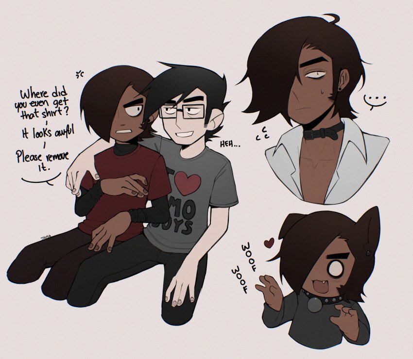 ... 2boys absurdres animal_collar animal_ears arm_around_shoulder brown_hair chibi chibi_inset choker clothes_writing collar commentary dark-skinned_male dark_skin dog_boy dog_ears emo_fashion english_text existenc3 gideon_graves glasses grey_background hair_over_one_eye heart highres interracial kemonomimi_mode male_focus matthew_patel multiple_boys multiple_views red_shirt scott_pilgrim_(series) scott_pilgrim_takes_off shirt short_hair sideburns simple_background speech_bubble white_shirt woof yaoi