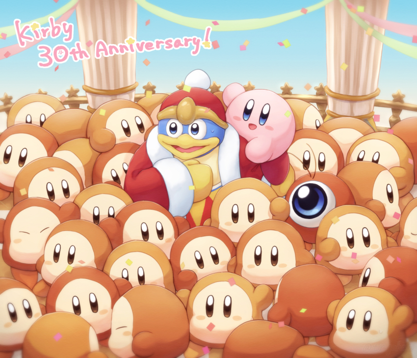 anniversary blue_skin blush coat colored_skin column confetti day closed_eyes gloves happy hat highres king_dedede kirby kirby&#039;s_dream_land kirby_(series) looking_to_the_side nintendo open_mouth pillar sky sweat sweatdrop text_focus tongue tr_gohan waddle_dee waddle_doo