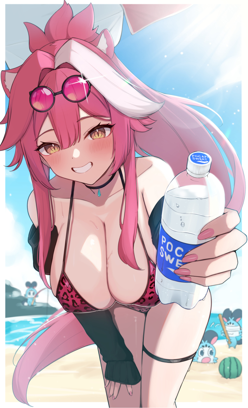 1girl animal_ears animal_print beach bikini black_jacket bottle breasts eyewear_on_head fishing highres holding holding_bottle hololive hololive_english jacket large_breasts leaning_forward leopard_print long_hair nito_nitro ocean panther_ears pink_bikini pink_hair pink_nails pocari_sweat ponytail raora_panthera smile suikawari sunglasses swimsuit thigh_strap virtual_youtuber yellow_eyes