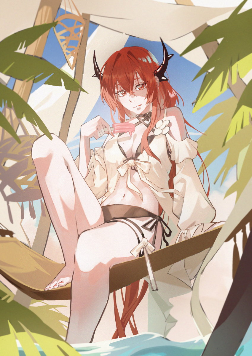 1girl :p absurdres arknights bare_shoulders barefoot bikini black_bikini bow breasts cleavage closed_mouth criss-cross_halter dalgogi_(moonfish_1302) demon_horns detached_sleeves food foot_out_of_frame halterneck highres holding holding_food holding_ice_cream horns ice_cream long_hair long_sleeves looking_at_viewer nail_polish navel official_alternate_costume outdoors red_eyes red_hair side-tie_bikini_bottom sitting solo surtr_(arknights) surtr_(colorful_wonderland)_(arknights) swimsuit swimsuit_cover-up thigh_strap tongue tongue_out very_long_hair water white_bow