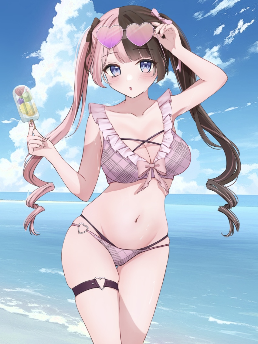 1girl :o absurdres bikini blue_eyes blue_sky blush bow breasts brown_bow brown_hair cleavage cloud contrapposto cross-laced_bikini cross-laced_clothes eyewear_on_head food frilled_bikini frills hair_bow heart heart-shaped_eyewear heart_o-ring highres holding holding_food holding_popsicle horizon large_breasts layered_bikini long_hair looking_at_viewer multicolored_hair navel o-ring o-ring_bikini o-ring_thigh_strap ocean pink-tinted_eyewear pink_bikini pink_bow pink_hair pink_nails plaid_bikini plaid_clothes popsicle skindentation sky solo split-color_hair stomach string_bikini sunglasses sweat swimsuit tachibana_hinano_(vtuber) thigh_strap tinted_eyewear twintails two-tone_hair very_long_hair virtual_youtuber vspo! ysnhryk