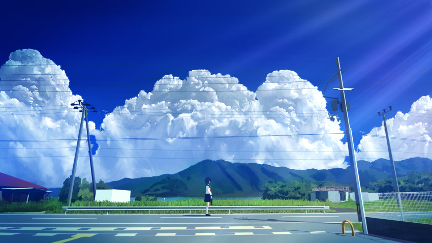 aobara1101 black_hair black_sailor_collar black_skirt blue_sky briefcase building cloud day from_side highres holding holding_briefcase mountain original outdoors power_lines road rural sailor_collar scenery school_briefcase school_uniform serafuku skirt sky standing utility_pole