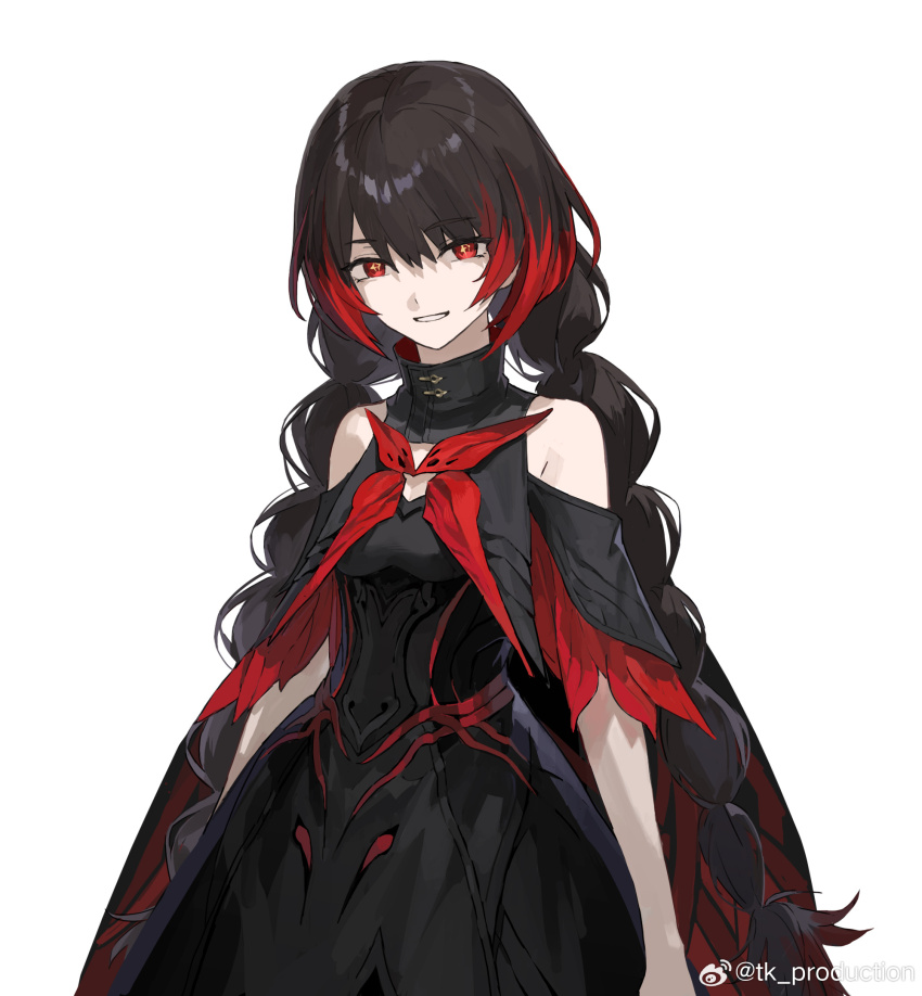 1girl bare_shoulders black_dress black_hair braid character_request clothing_cutout colored_tips dress grin high_collar highres long_hair looking_at_viewer low_twin_braids multicolored_hair official_art punishing:_gray_raven red_eyes red_hair short_sleeves shoulder_cutout smile solo tk_production twin_braids upper_body weibo_logo weibo_watermark white_background