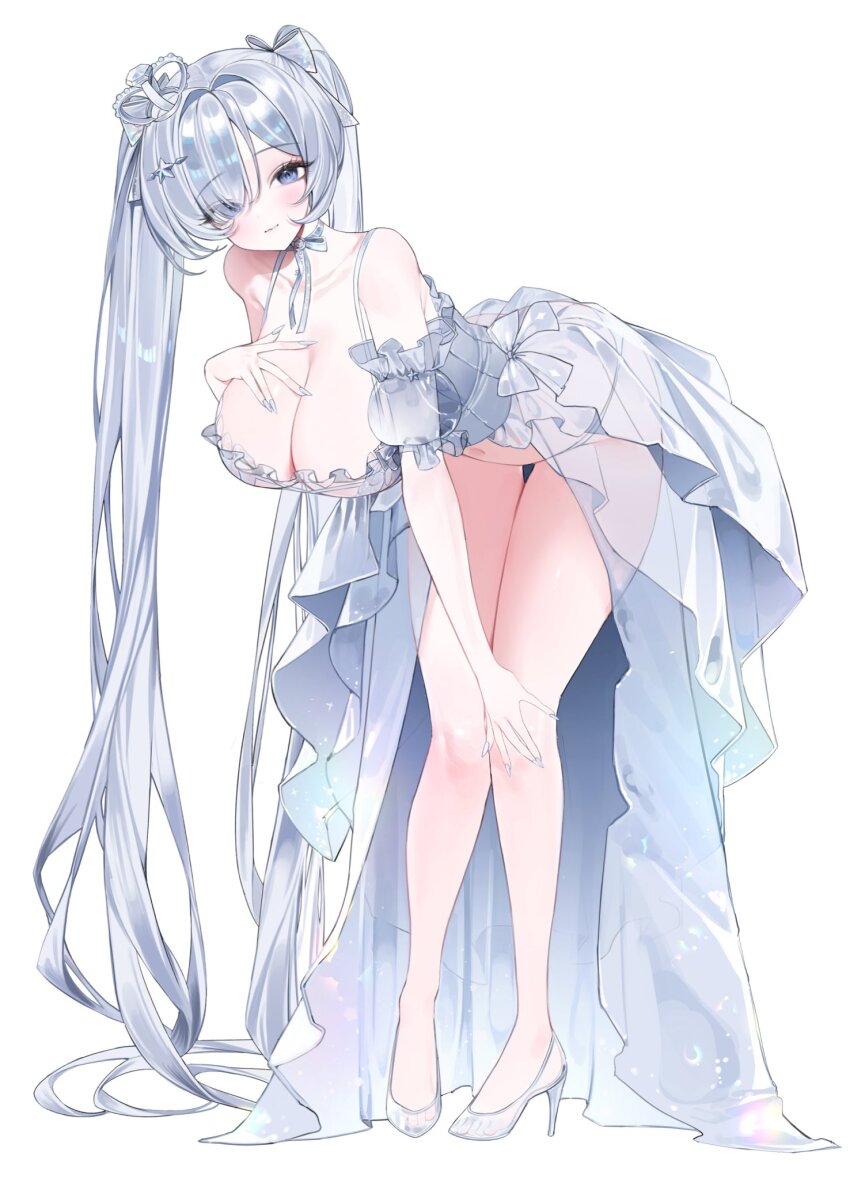 1girl amu1207 blue_eyes breasts cinderella_(glass_princess)_(nikke) cinderella_(nikke) cleavage crown dress full_body goddess_of_victory:_nikke hair_over_one_eye hand_on_own_chest high_heels highres huge_breasts long_hair mini_crown nail_polish official_alternate_costume see-through_clothes see-through_dress simple_background smile solo twintails very_long_hair white_background white_dress white_footwear white_hair white_nails