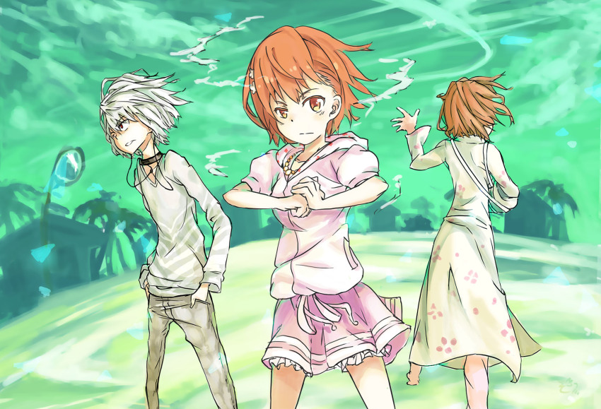 1boy 2girls accelerator_(toaru_majutsu_no_index) albino ao_dai arm_sling bare_arms black_choker broken_arm brown_eyes brown_hair building cast casual choker closed_mouth commentary_request cowboy_shot diagonal-striped_clothes diagonal-striped_shirt dot_nose dress electricity electrodes electrokinesis feet_out_of_frame fist_in_hand foot_out_of_frame frilled_skirt frills from_behind green_background grey_pants grey_shirt hair_between_eyes hand_up hands_in_pockets highres hood hood_down hoodie jewelry lamppost light_blush long_dress long_sleeves looking_back medium_hair messy_hair miniskirt misaka_mikoto misaka_worst multiple_girls necklace official_style outdoors palm_tree pants parted_bangs partial_commentary pearl_necklace pink_hoodie pink_pants pink_skirt puffy_short_sleeves puffy_sleeves red_eyes scene_reference shirt short_hair short_sleeves siblings sisters skirt sky standing striped_clothes striped_shirt toaru_majutsu_no_index toaru_majutsu_no_index:_new_testament tomato_(lsj44867) tree two-tone_shirt v-neck white_dress white_hair