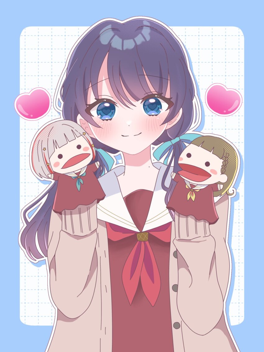 1girl aqua_neckerchief blue_border blue_eyes blue_hair blue_ribbon blush blush_stickers bob_cut border braid brown_cardigan brown_dress brown_hair cardigan center-flap_bangs character_doll closed_mouth colored_inner_hair commentary dark_blue_hair diagonal_bangs dollchestra dress drop_shadow grey_hair grid_background hair_ornament hair_ribbon hand_puppet harusame_soup_(har_s_k) hasu_no_sora_school_uniform highres inverted_bob kachimachi_kosuzu link!_like!_love_live! long_hair long_sleeves looking_at_viewer love_live! low_twintails mole mole_on_neck multicolored_hair murano_sayaka neckerchief open_cardigan open_clothes open_mouth outside_border puppet red_hair red_neckerchief ribbon sailor_collar sailor_dress school_uniform short_hair side_ahoge side_braids smile solo split_mouth star_(symbol) star_hair_ornament straight_hair streaked_hair symbol-only_commentary twintails upper_body white_background white_sailor_collar winter_uniform yellow_neckerchief yugiri_tsuzuri