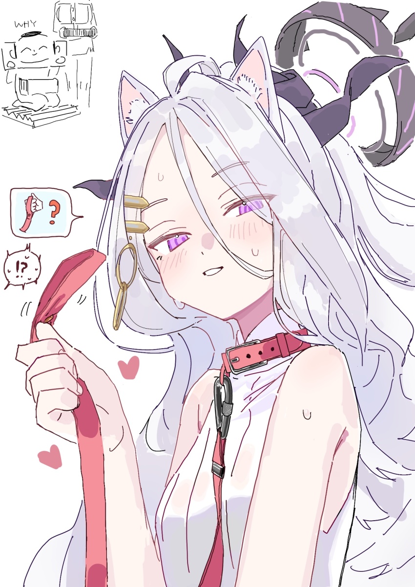 1girl animal_collar blue_archive collar female_pervert grey_hair heart highres hina_(blue_archive) holding holding_leash horns leash oekaki_oekaki_1 pervert pet_play purple_eyes sleeveless smile