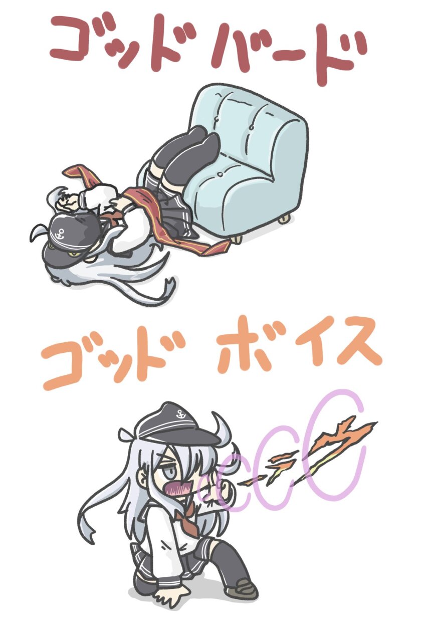 1girl black_hat black_skirt black_thighhighs blue_eyes commentary_request couch ferret-san flat_cap hair_over_one_eye hat hibiki_(kancolle) highres kantai_collection lying multiple_views neckerchief parody pleated_skirt red_neckerchief school_uniform serafuku shirt shouting skirt thighhighs translation_request white_hair white_shirt