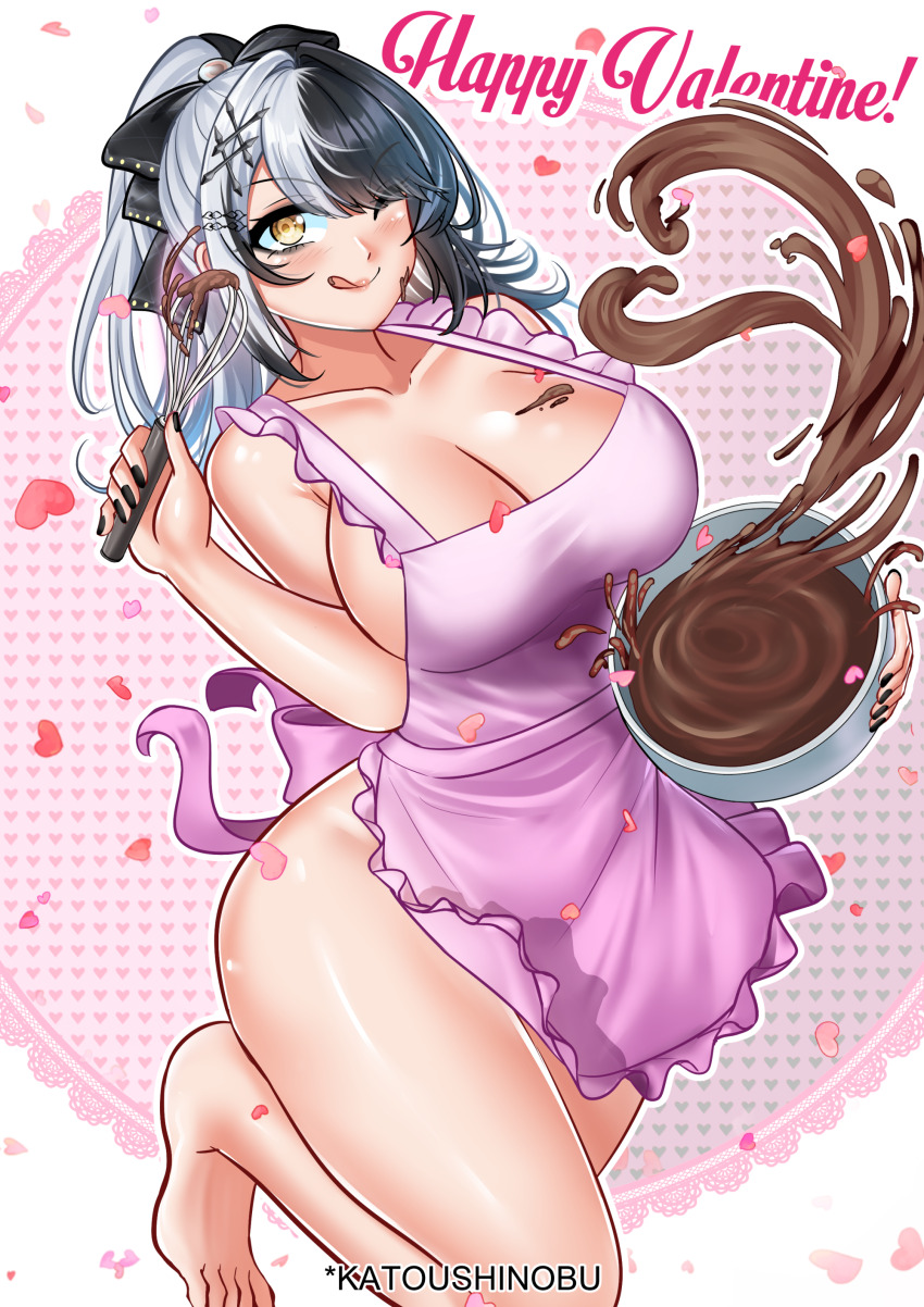 1girl ;q absurdres apron black_hair bowl breasts chocolate cleavage commentary english_commentary grey_hair hair_ribbon happy_valentine heart highres holding holding_bowl holding_whisk hololive hololive_english katou_shinobu large_breasts long_hair looking_at_viewer multicolored_hair naked_apron one_eye_closed pink_apron ponytail ribbon shiori_novella solo split-color_hair tongue tongue_out two-tone_hair virtual_youtuber whisk yellow_eyes