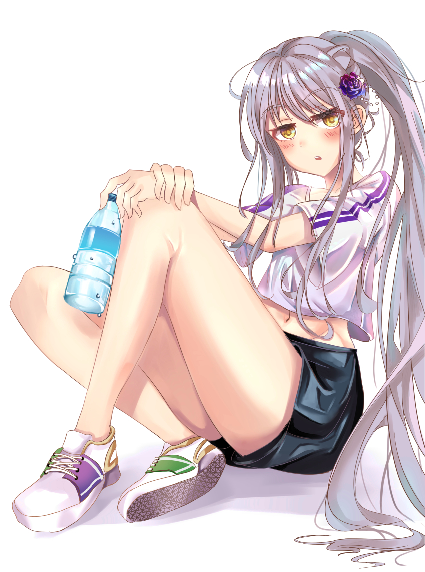 1girl absurdres arm_on_own_leg bang_dream! black_shorts blush bottle commentary flower full_body grey_hair hair_between_eyes hair_flower hair_ornament hand_on_own_wrist high_ponytail highres holding holding_bottle knees_up long_hair looking_at_viewer midriff_peek minato_yukina navel open_mouth parted_lips patpang shirt shoes short_sleeves shorts sidelocks simple_background sitting sneakers solo striped_sleeves symbol-only_commentary very_long_hair water_bottle white_background white_footwear white_shirt white_sneakers wide_sleeves yellow_eyes