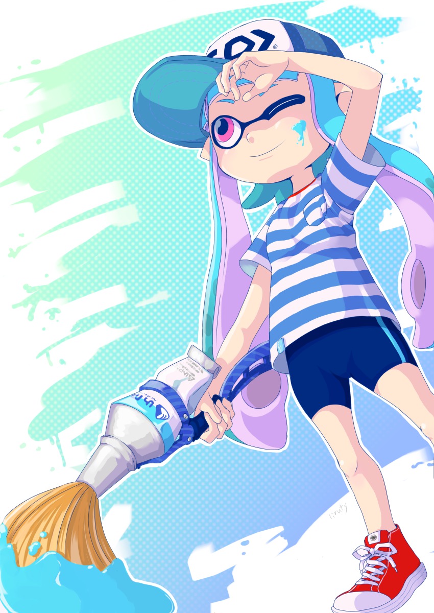 1girl absurdres baseball_cap bike_shorts female_focus hat highres inkbrush_(splatoon) inkling inkling_girl inkling_player_character liruty long_hair nintendo one_eye_closed paintbrush pointy_ears shoes smile sneakers solo splatoon_(series) splatoon_1 tentacle_hair